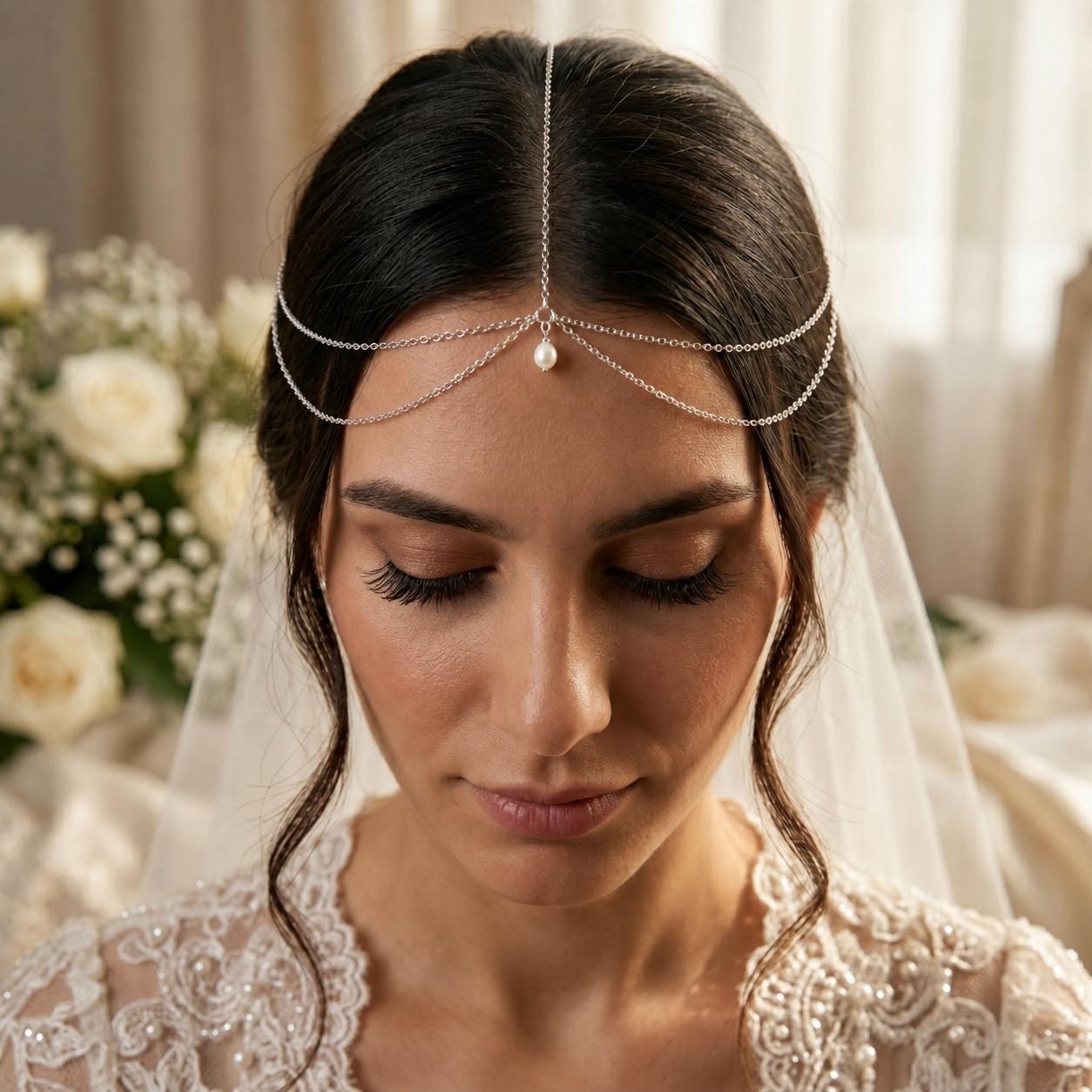 Delicate pearl bridal head chain in gold-tone stainless steel for wedding hairstyles and special occasions
