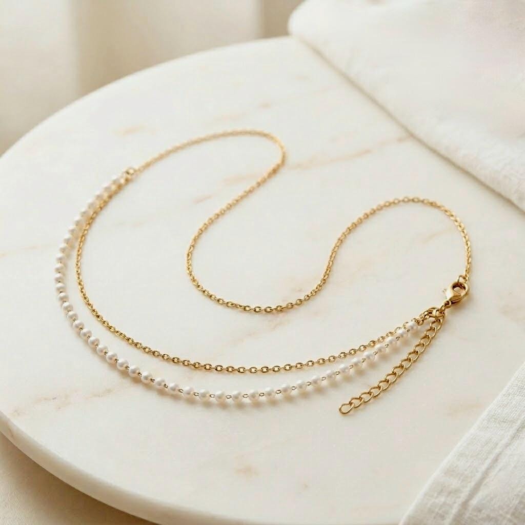Gold-tone stainless steel pearl belly chain with adjustable waist styling for bohemian beach jewelry