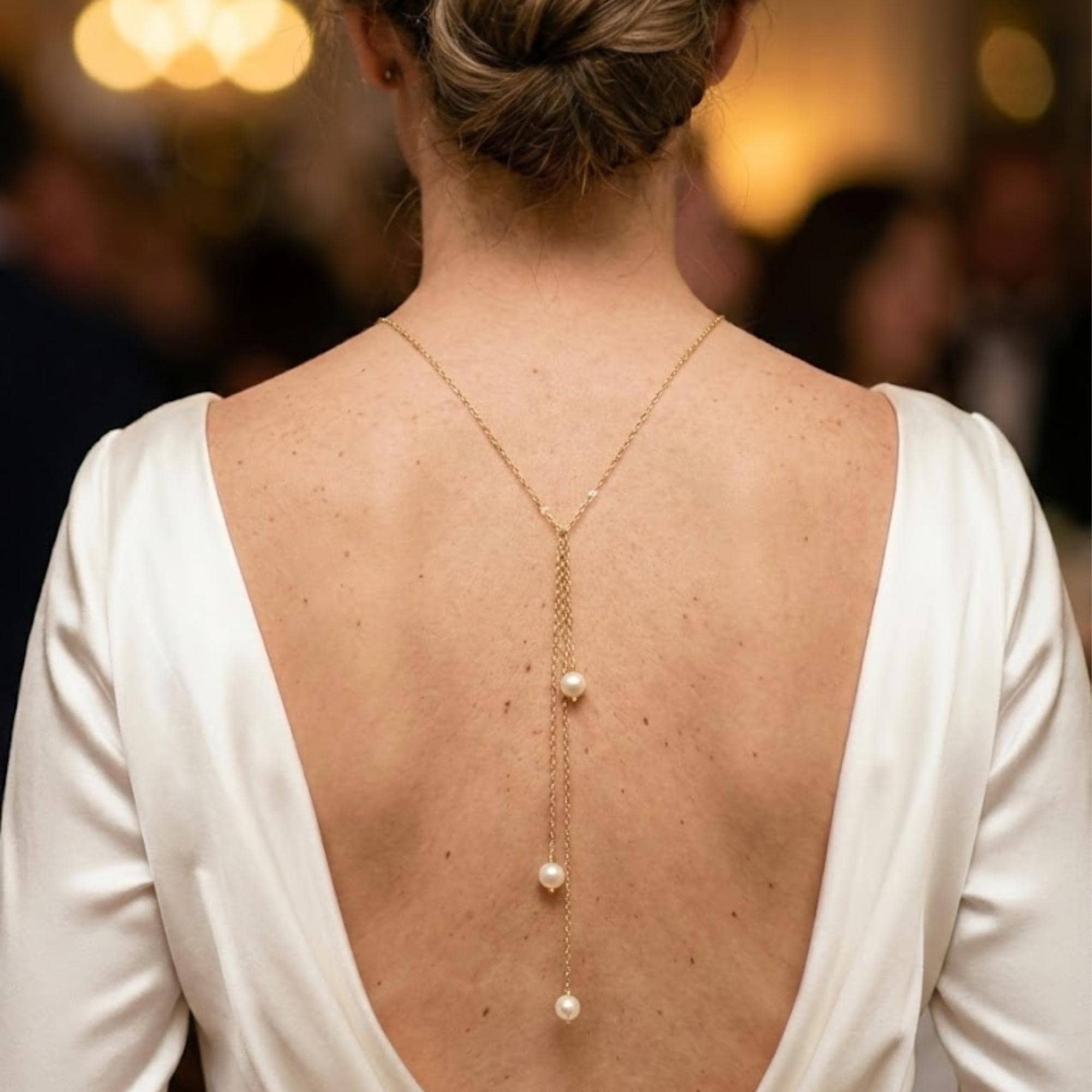 Gold tone stainless steel pearl lariat back body chain for open-back gown styling