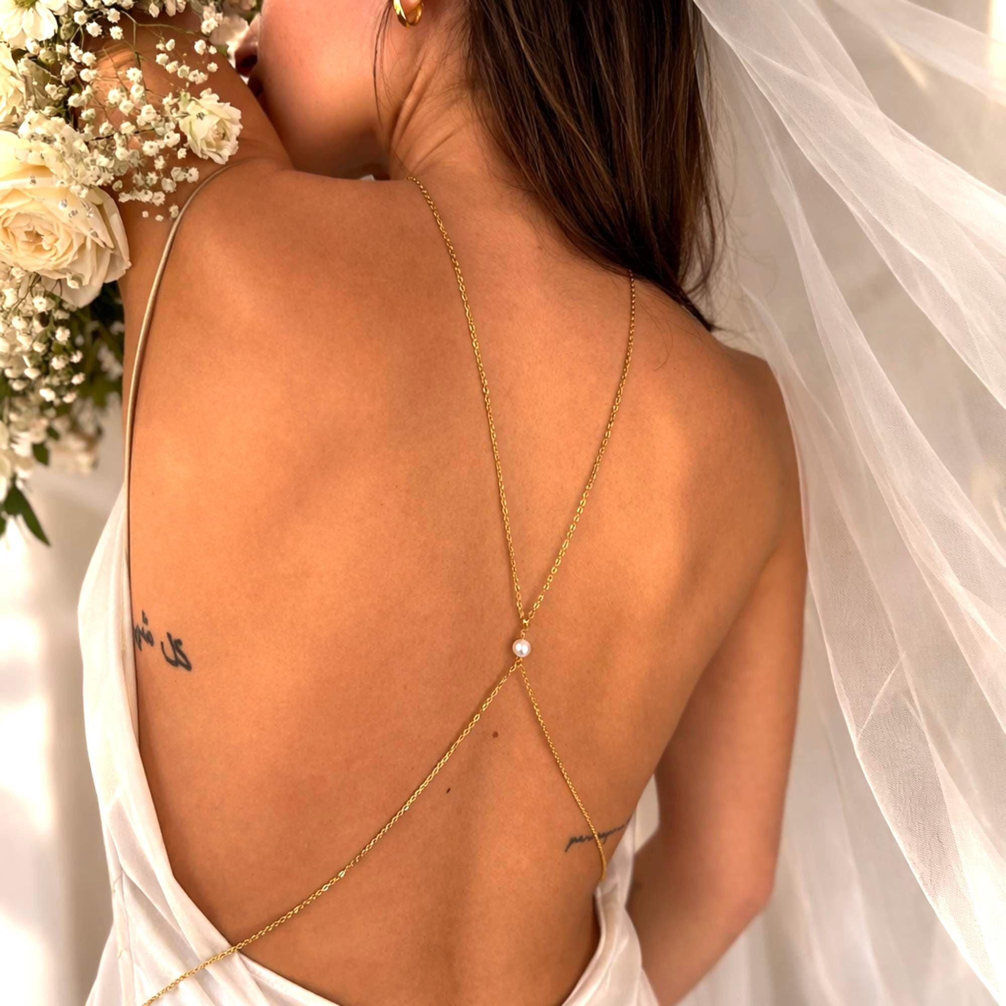 Gold tone stainless steel pearl bridal back chain for wedding open back jewelry