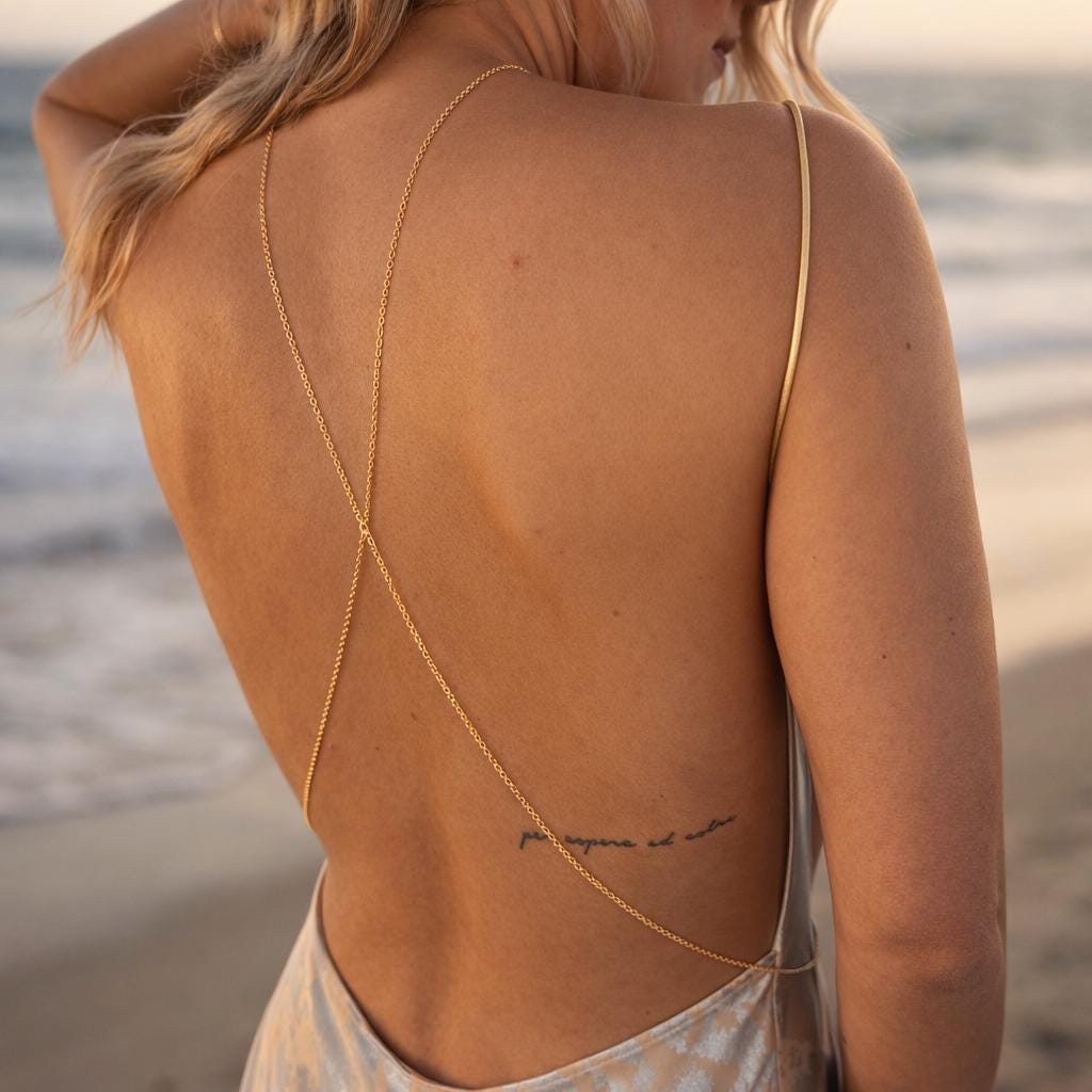 Gold tone stainless steel bridal back chain necklace for open-back wedding dresses and formal events