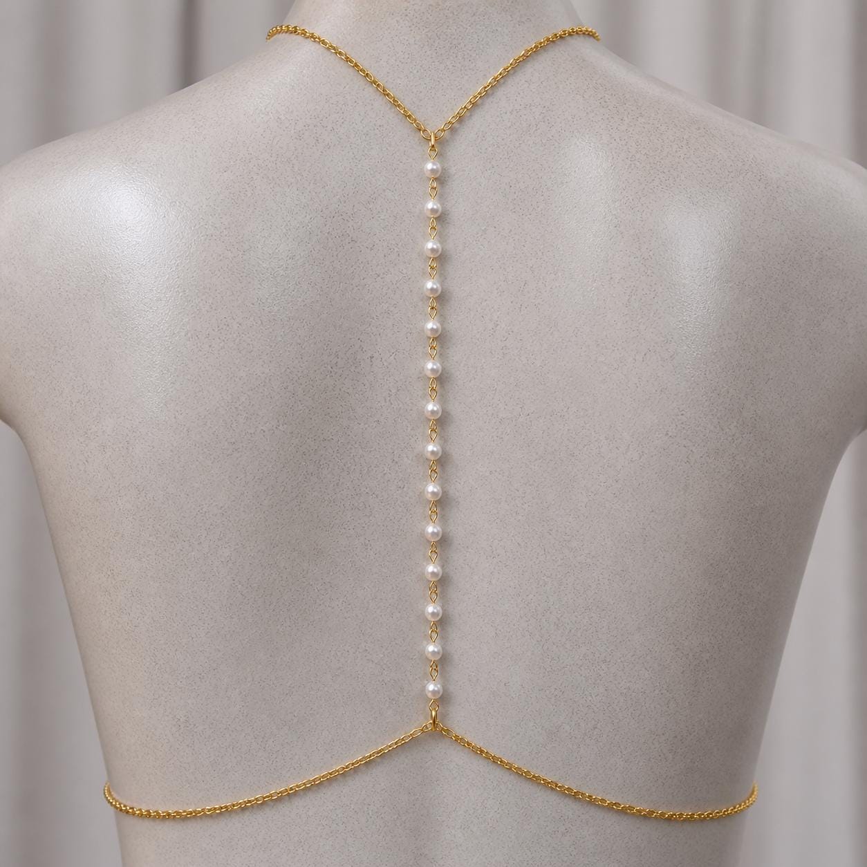Gold-tone stainless steel pearl back body chain for wedding bridal wear and open-back dress styling