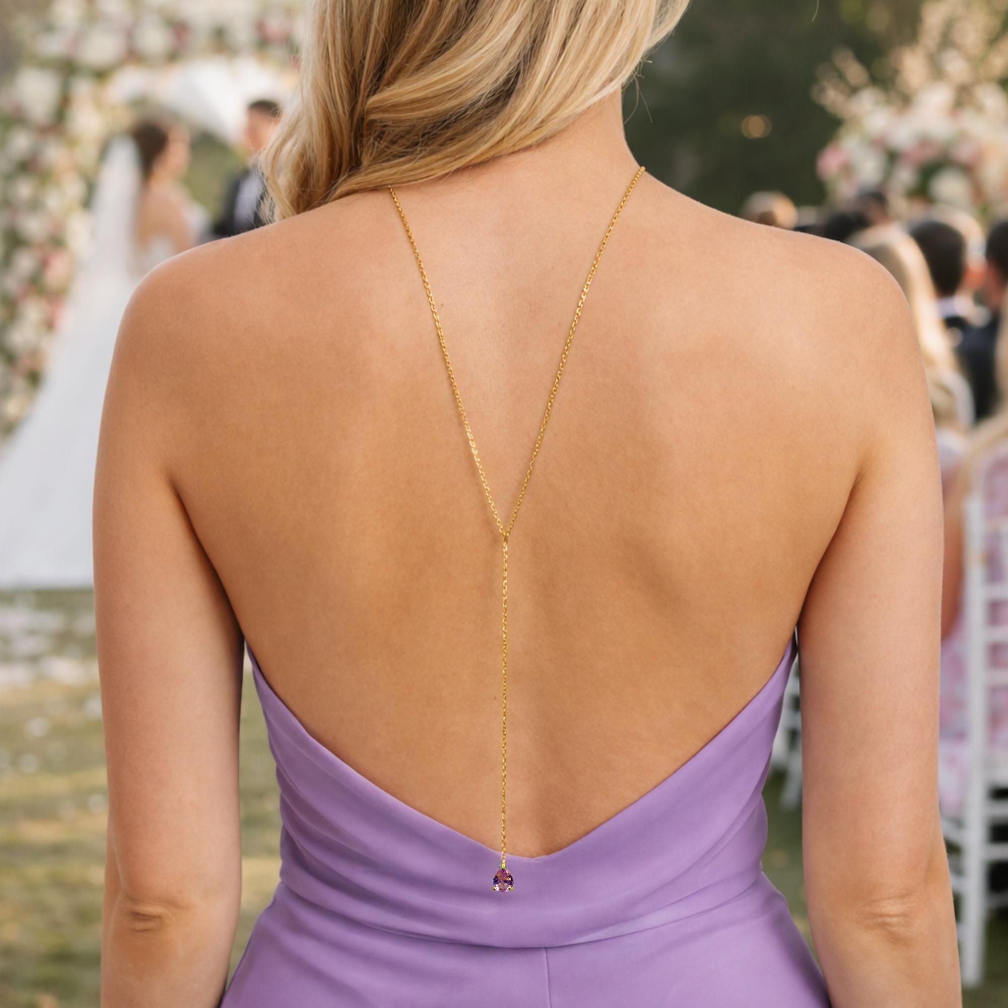 Gold-tone stainless steel back chain necklace with personalized birthstone charm for bridal wear