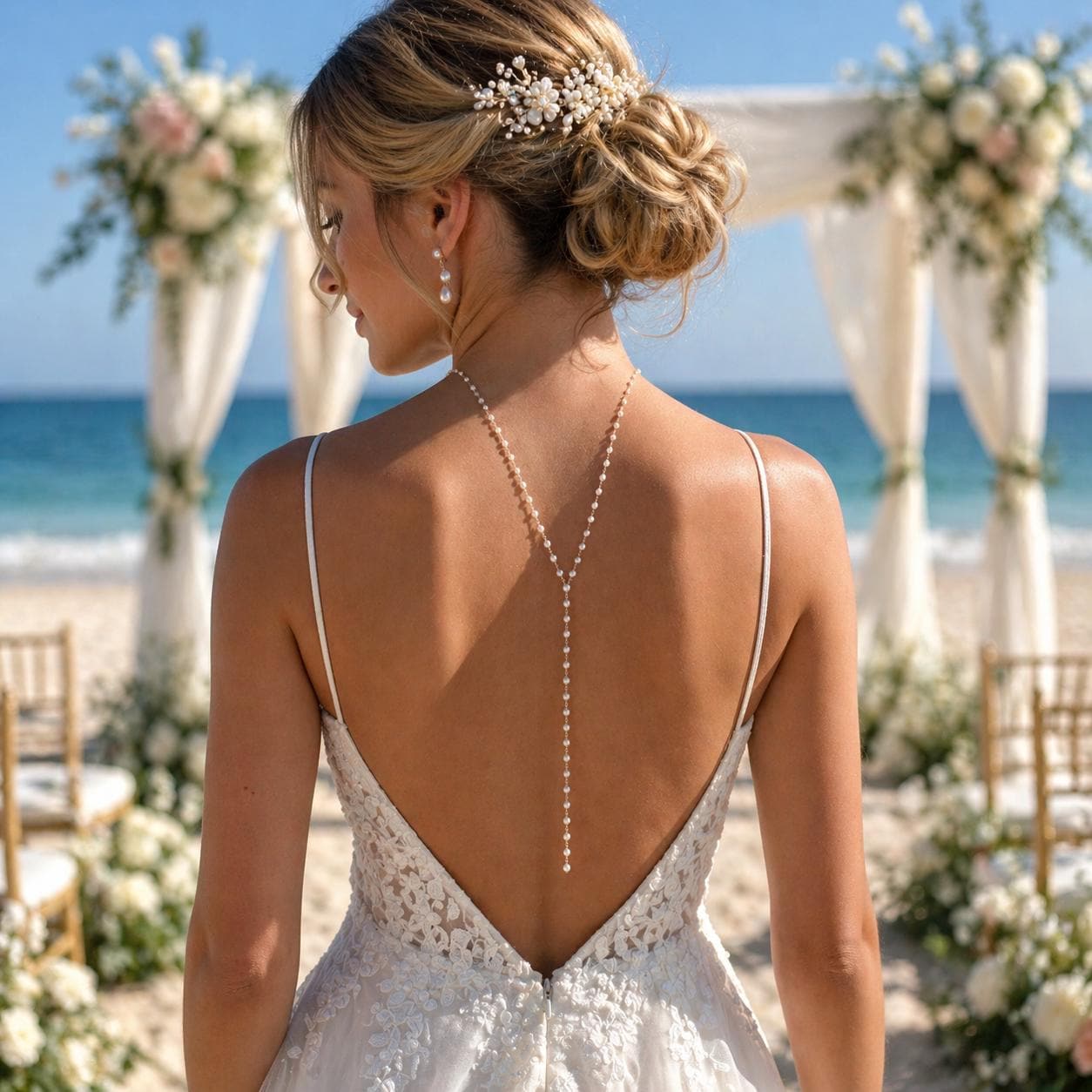 Gold-tone stainless steel pearl lariat back necklace with freshwater pearls for bridal back jewelry