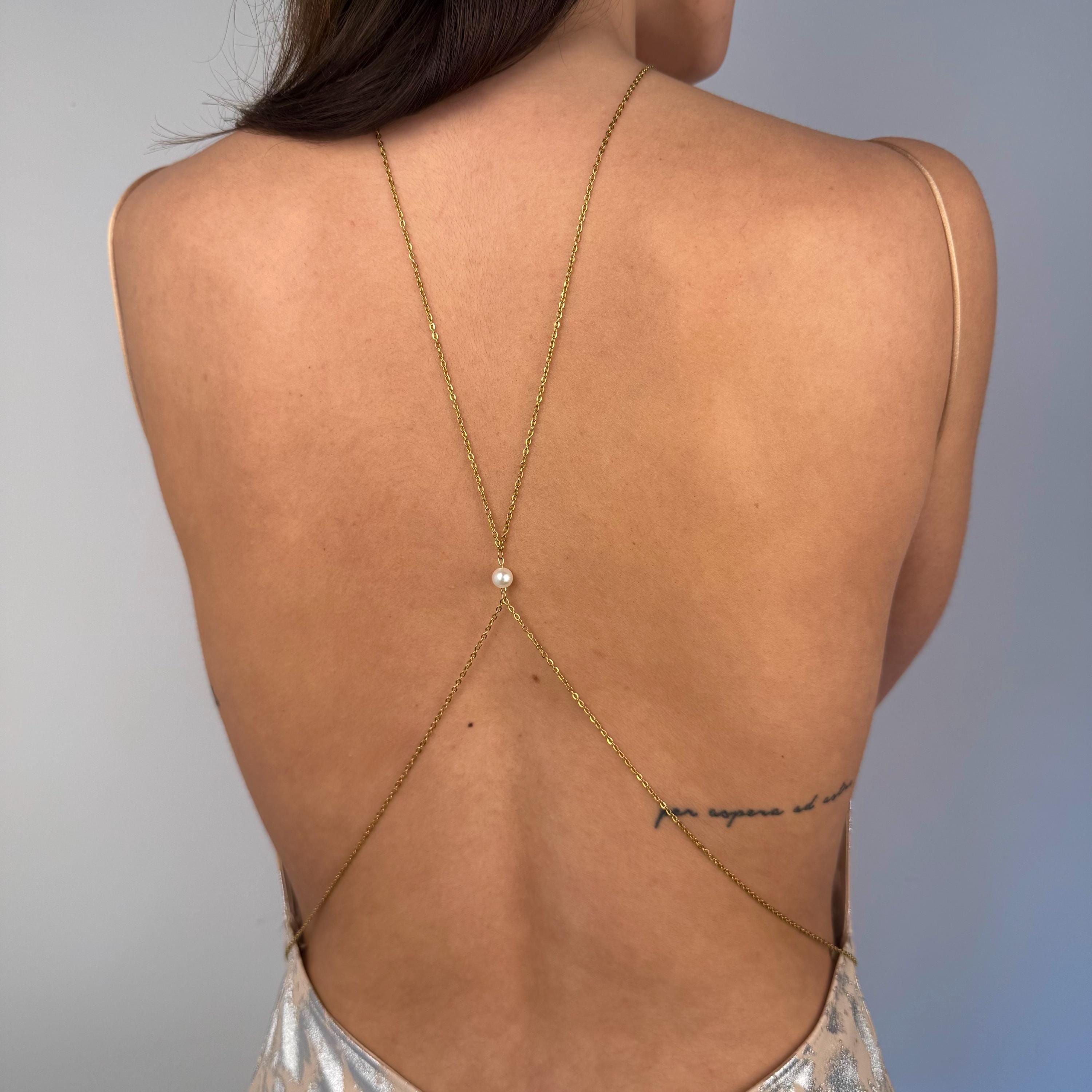 Gold tone stainless steel pearl bridal back chain for wedding open back jewelry