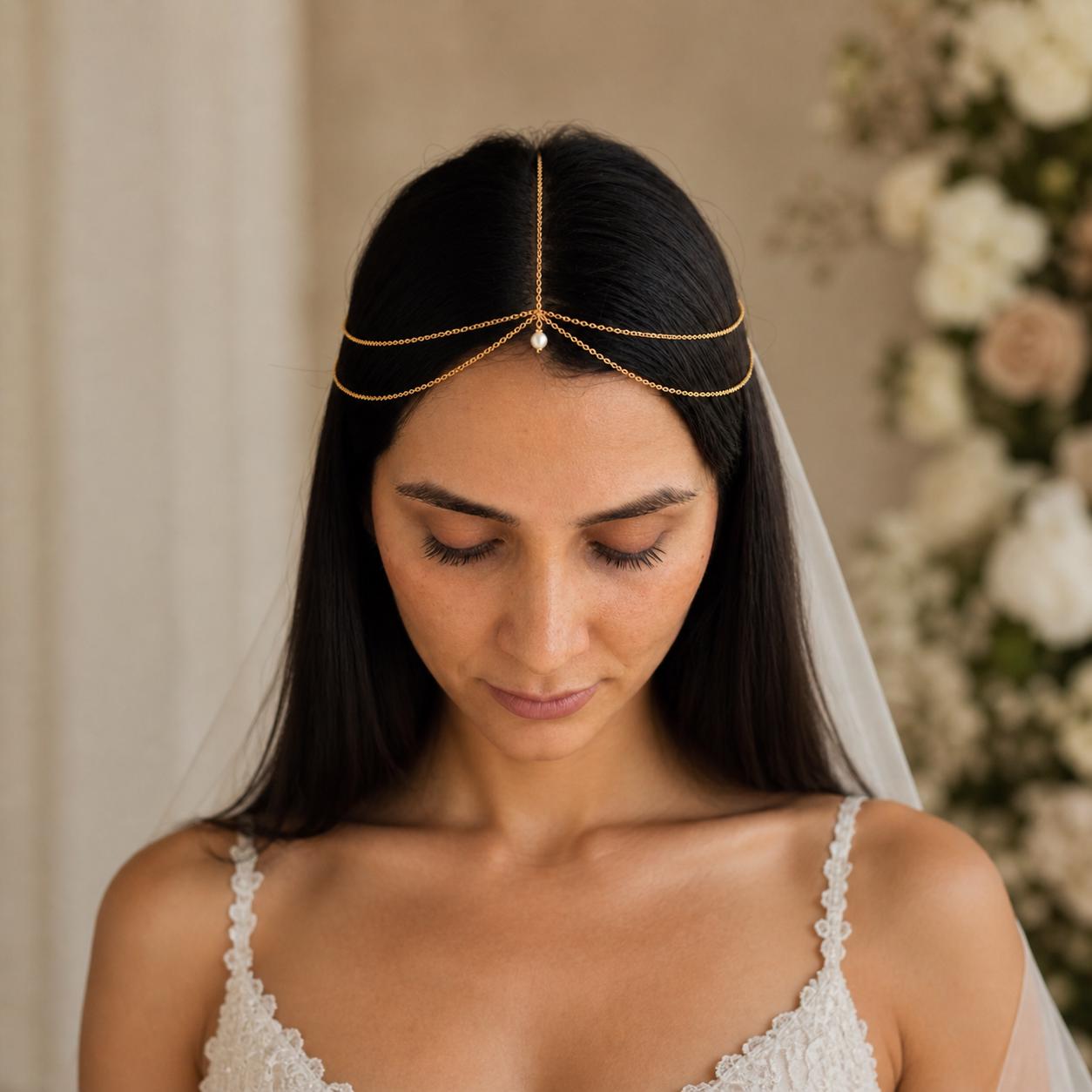 Delicate pearl bridal head chain in gold-tone stainless steel for wedding hairstyles and special occasions