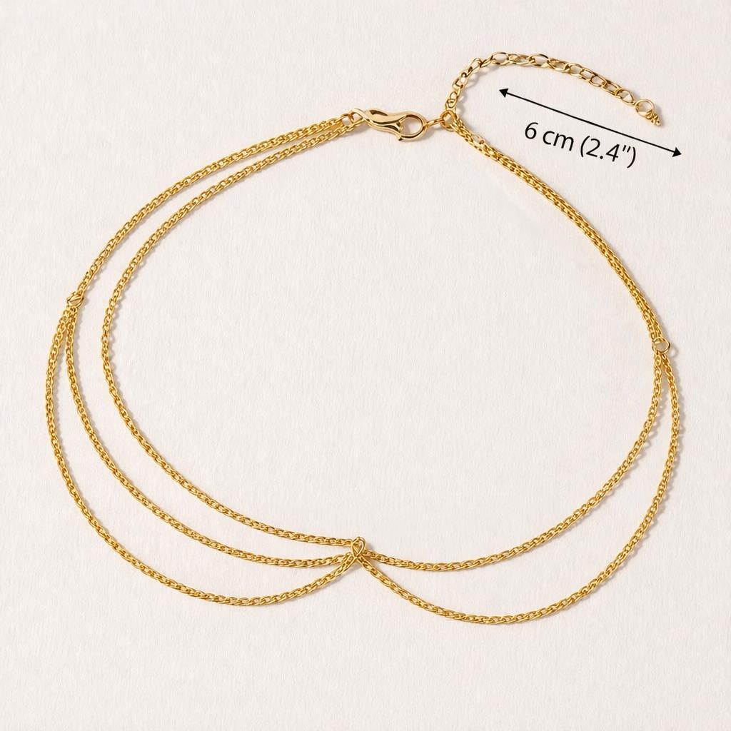 Delicate gold-tone stainless steel bridal forehead chain draped across hairline for romantic wedding headpiece styling