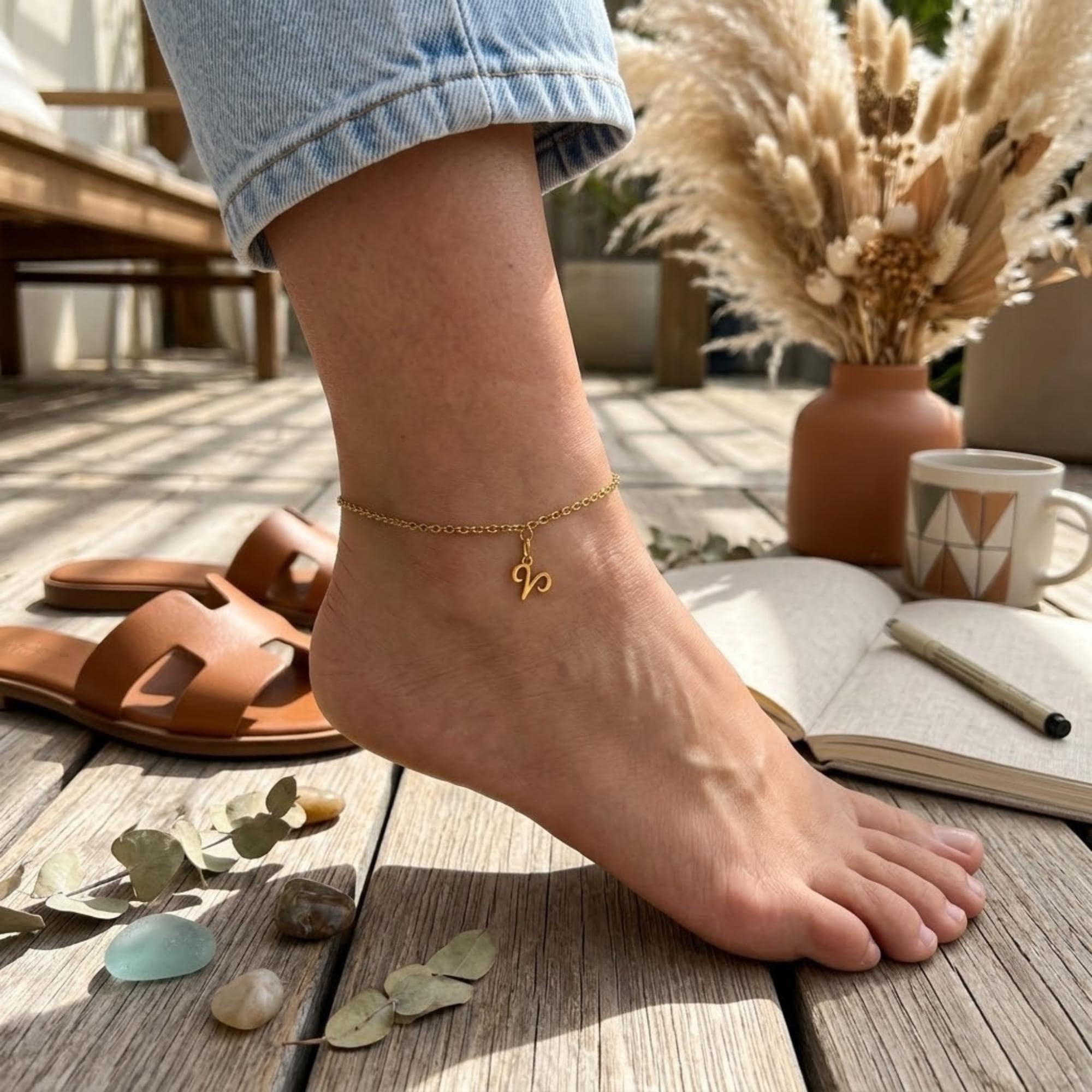 Gold stainless steel zodiac anklet with dangling charm, handmade beach ankle bracelet for daily wear