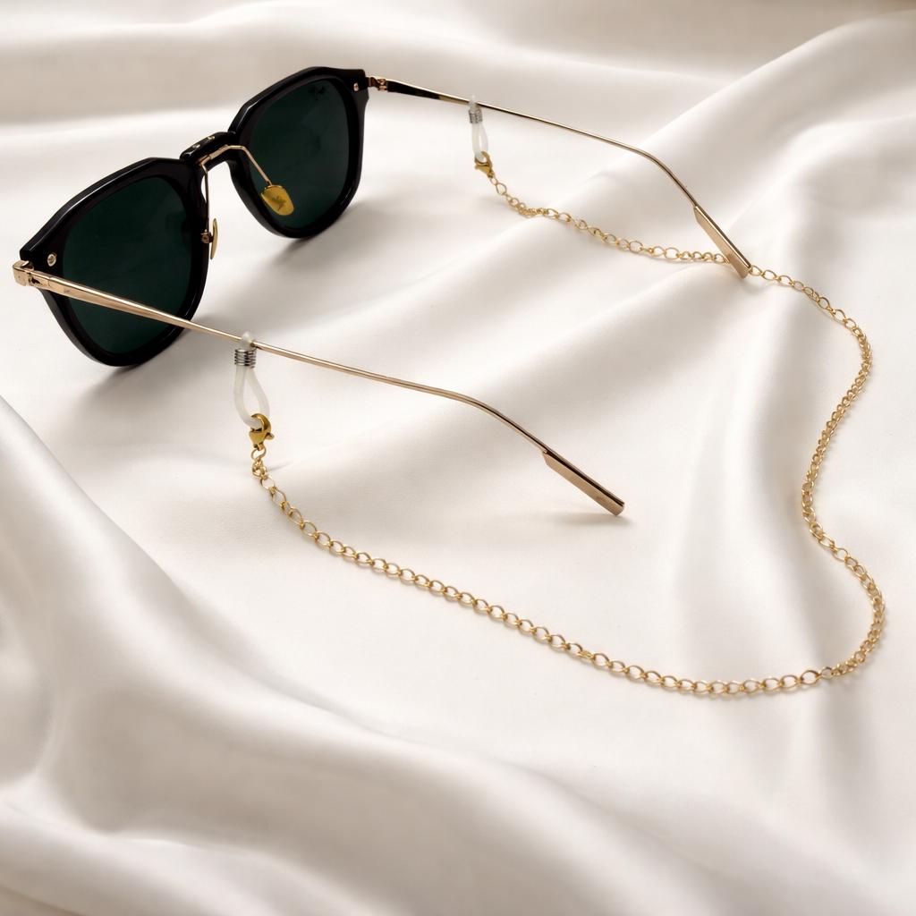 Stainless steel eyeglasses chain in gold tone with adjustable rubber grips for secure glasses retention
