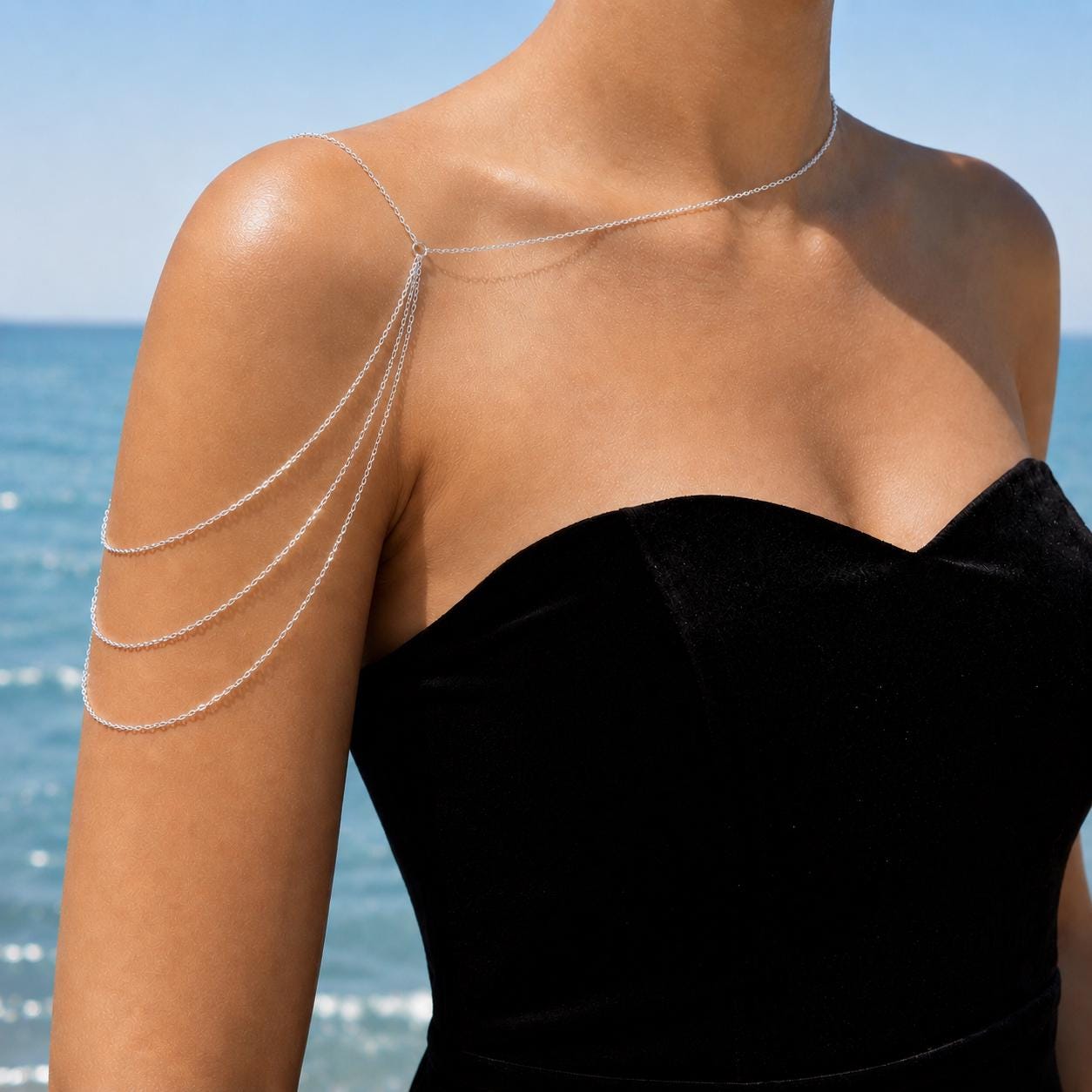 Layered gold tone stainless steel shoulder chain for weddings and special events, multi-strand arm jewelry