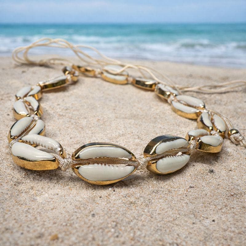Boho shell choker necklace in stainless steel with cowrie shells, perfect delicate beach accessory for coastal style