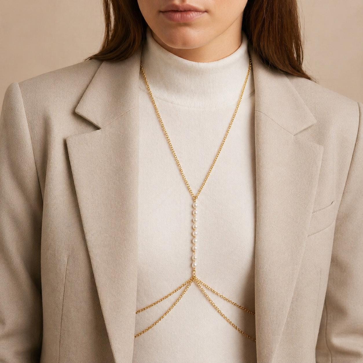 Gold stainless steel pearl body harness chain, luxurious festival body chain for beach wear