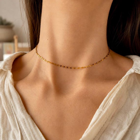 Dainty Choker Gold Waterproof Necklace for Women Silver Stainless Steel Layering Piece Minimalist Gift for Friend Delicate Jewelry for Her