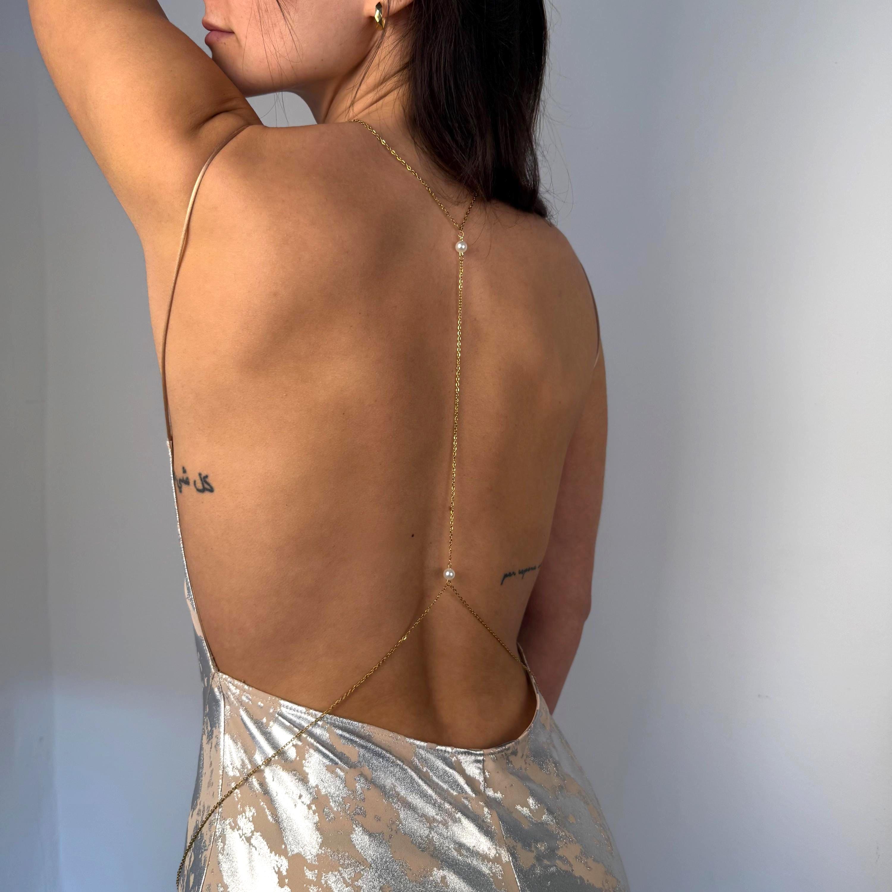 Gold tone stainless steel bridal pearl back chain with cascading drops for open back wedding jewelry