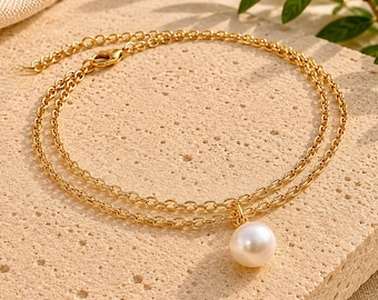 Pearl Charm Bracelet Handmade Double Strand Gold Chain Waterproof Stainless Steel Dainty Jewelry Minimalist Gift Women Summer Accessory