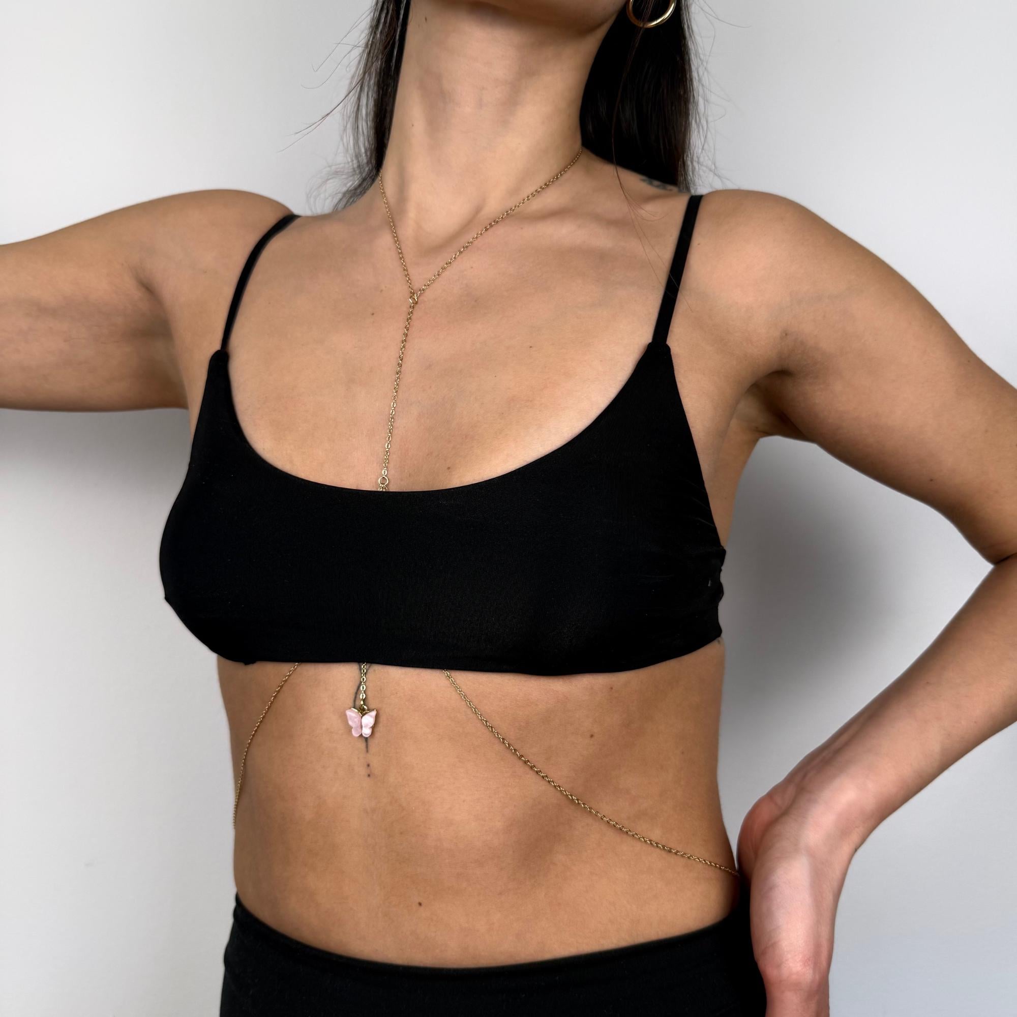 Gold stainless steel butterfly body chain for festivals, adjustable delicate rave wear charm