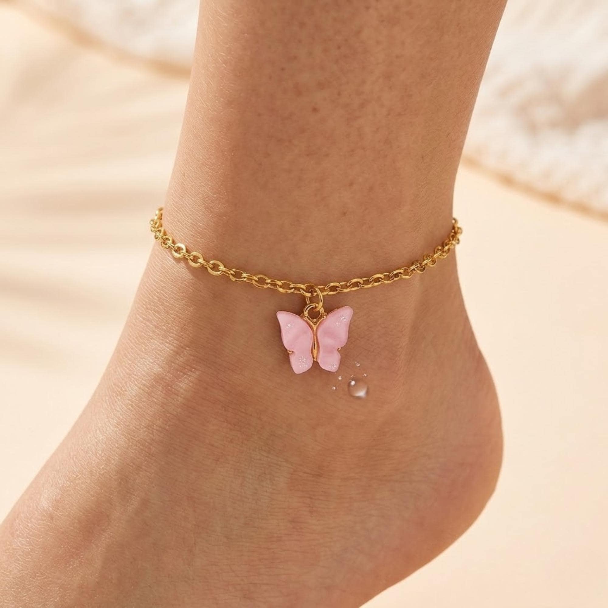 Delicate stainless steel butterfly anklet in gold finish, waterproof beach anklet for summer