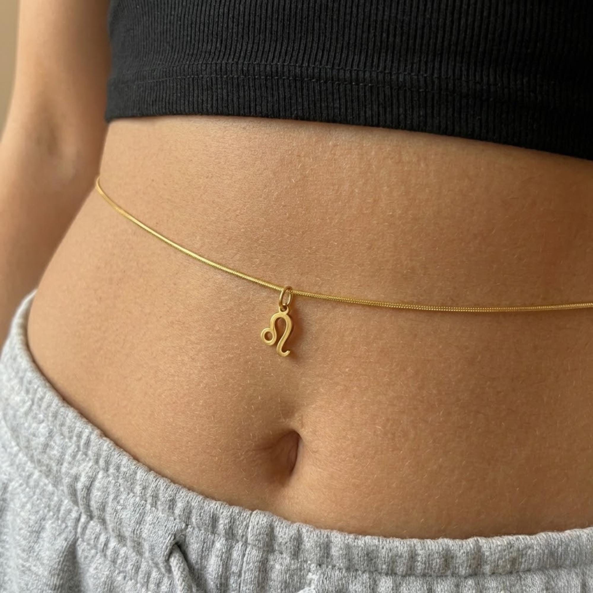 Gold-tone stainless steel zodiac belly chain with snake charm, adjustable waist chain for body jewelry