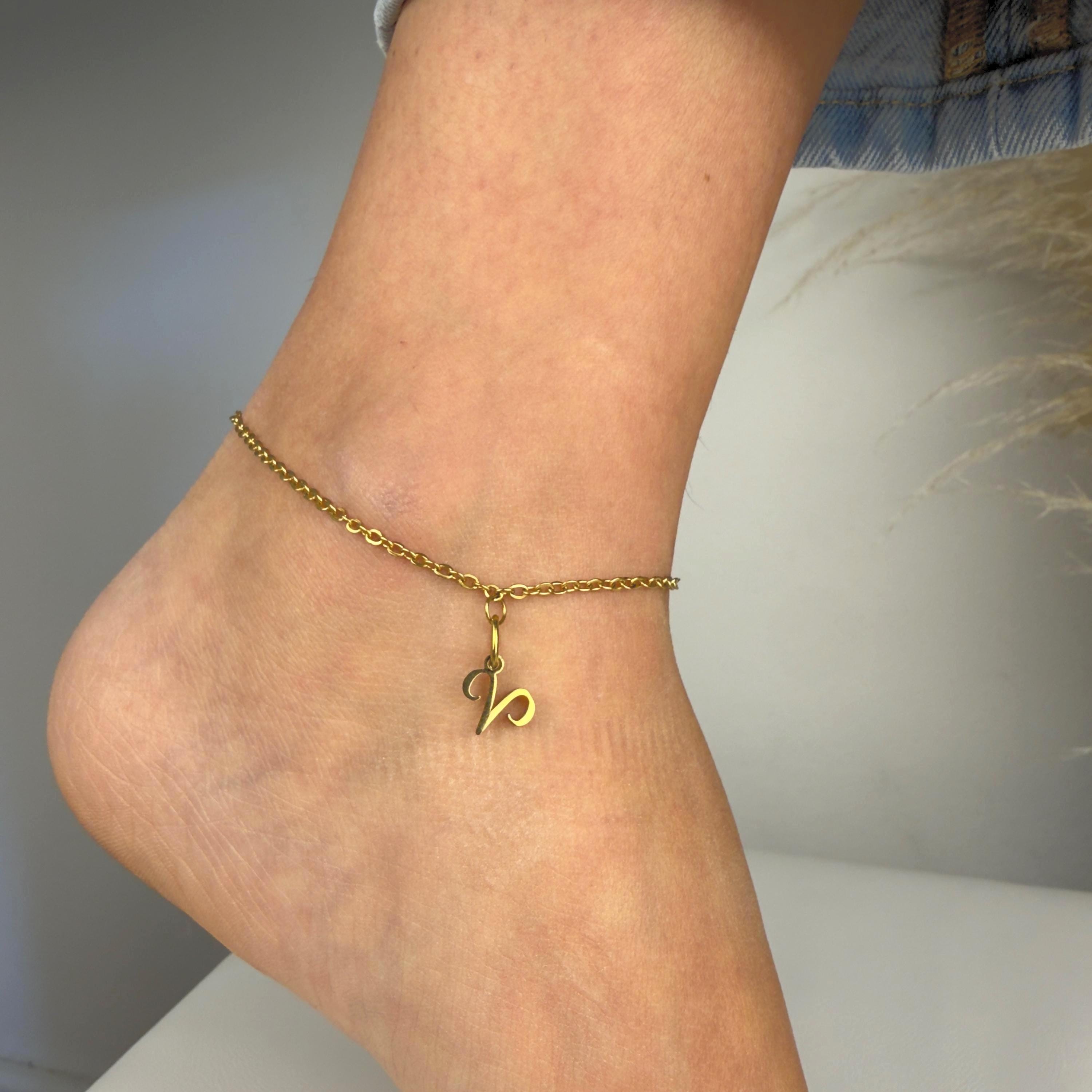 Gold stainless steel zodiac anklet with dangling charm, handmade beach ankle bracelet for daily wear