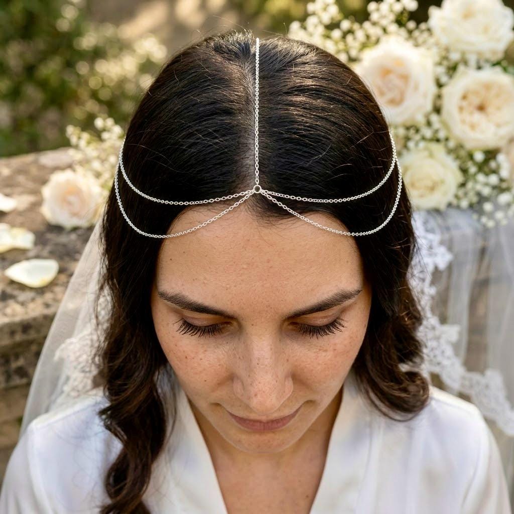 Delicate gold-tone stainless steel bridal forehead chain draped across hairline for romantic wedding headpiece styling