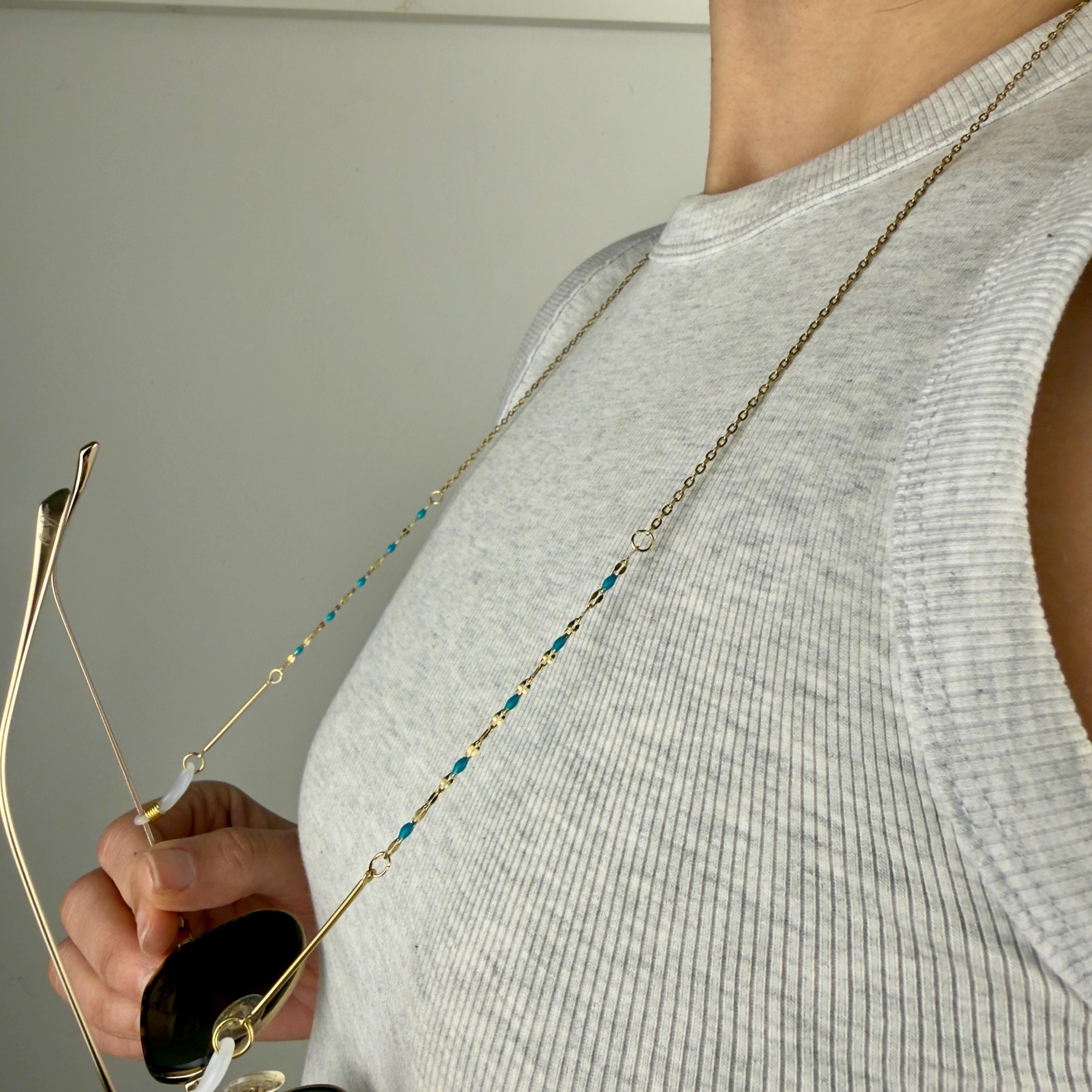 Gold-tone stainless steel beaded glasses chain with decorative boho beads for eyewear