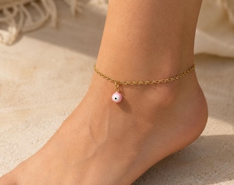 Pink Evil Eye Anklet Gold Dainty Charm Ankle Bracelet Boho Protective Amulet Anklet Luck Symbol Foot Chain Minimalist Spiritual Feet Jewelry