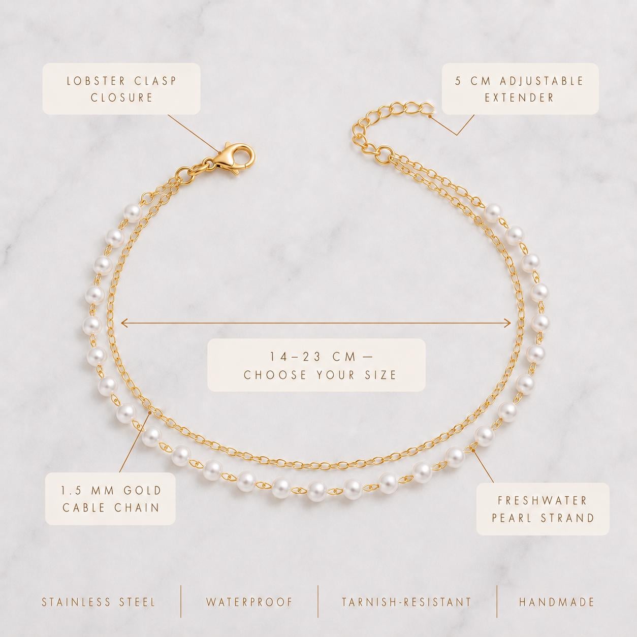 Handcrafted dainty pearl bracelet in stainless steel, layered freshwater pearls for everyday wear
