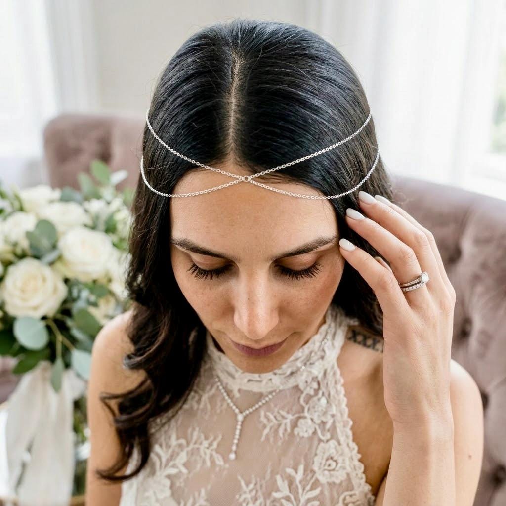 Delicate gold-tone stainless steel boho hair chain headpiece for festival fashion and weddings