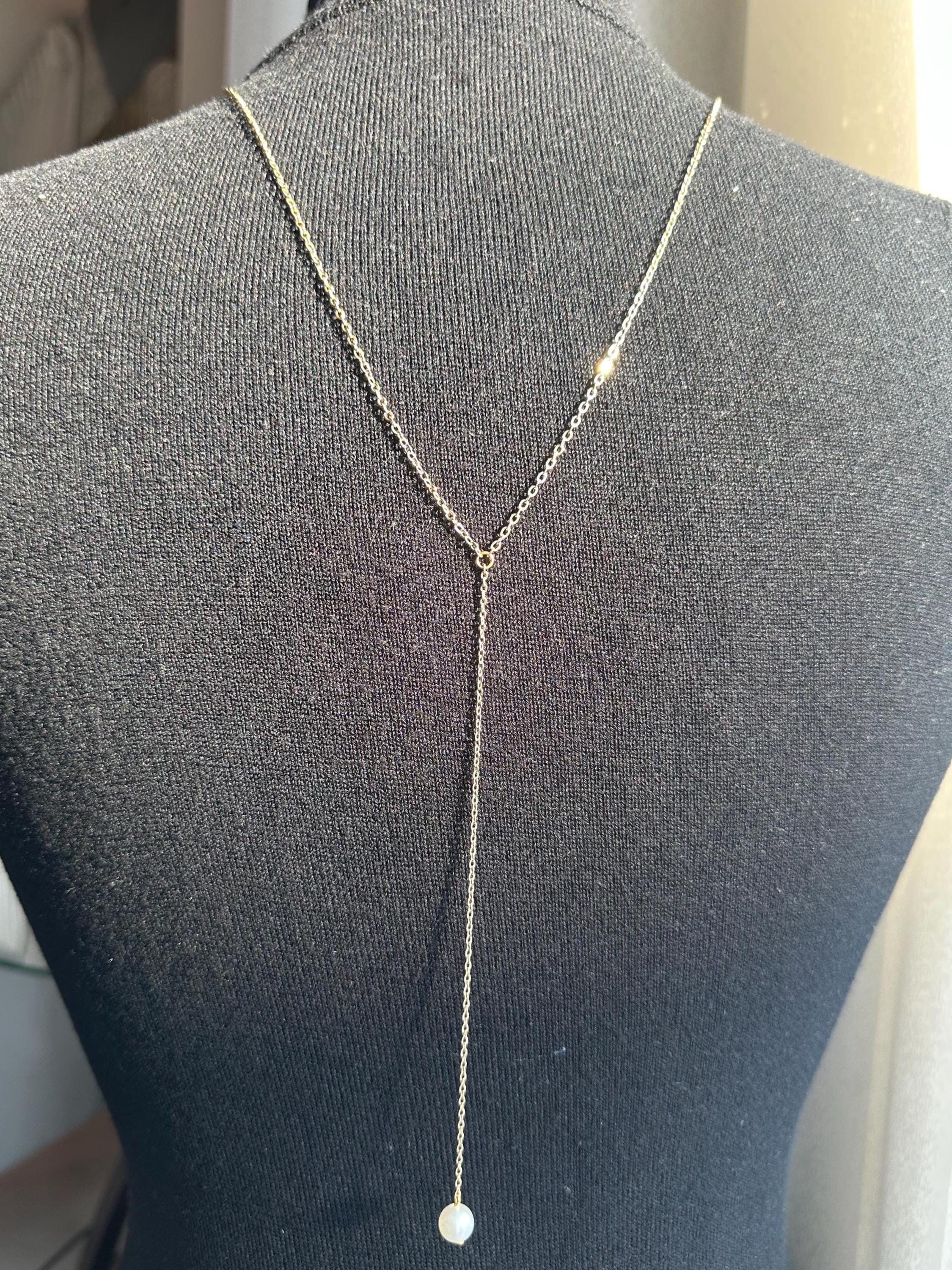 Gold tone stainless steel pearl backdrop necklace, delicate bridal back chain for open-back dresses