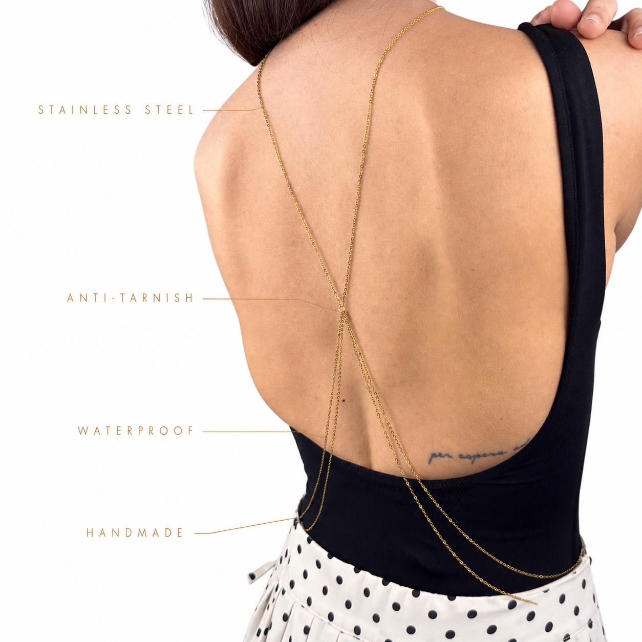 Gold tone stainless steel boho back chain for festival weddings and beach events