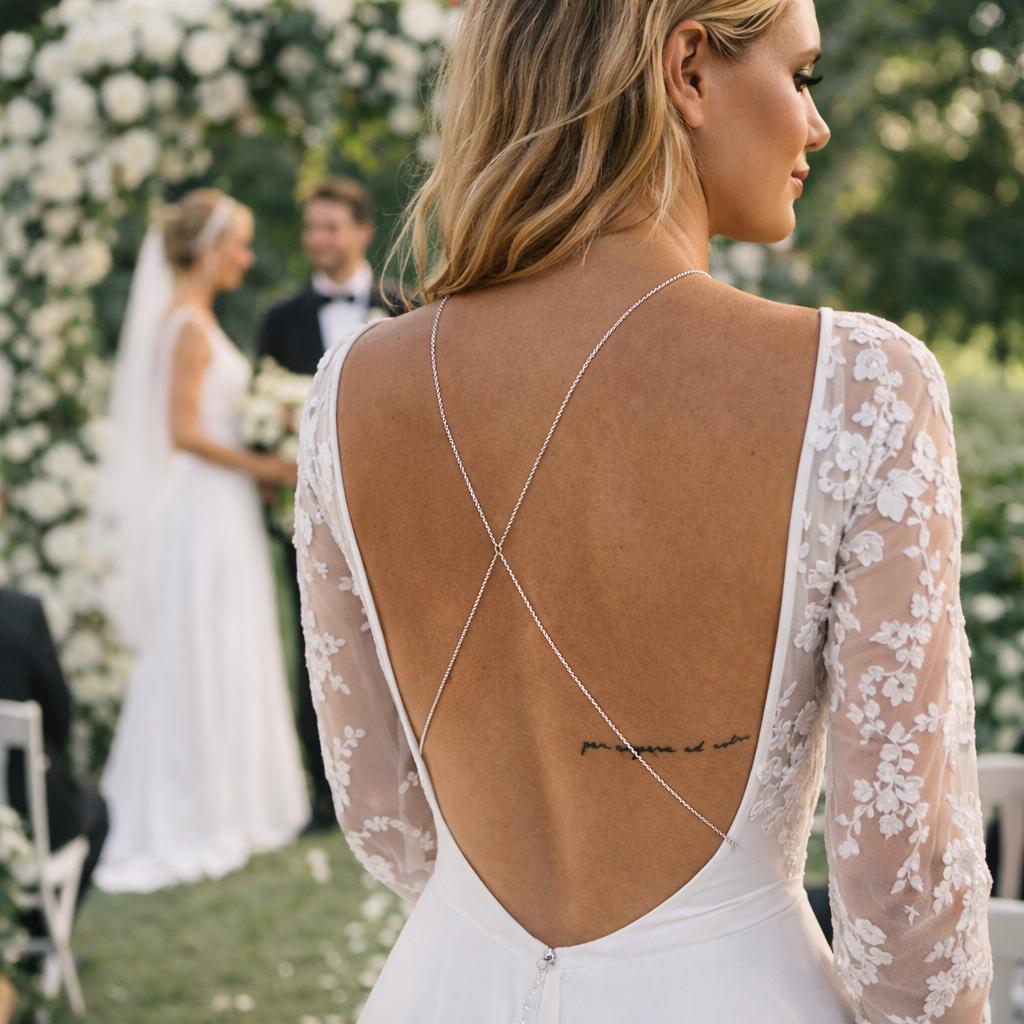 Gold tone stainless steel bridal back chain necklace for open-back wedding dresses and formal events