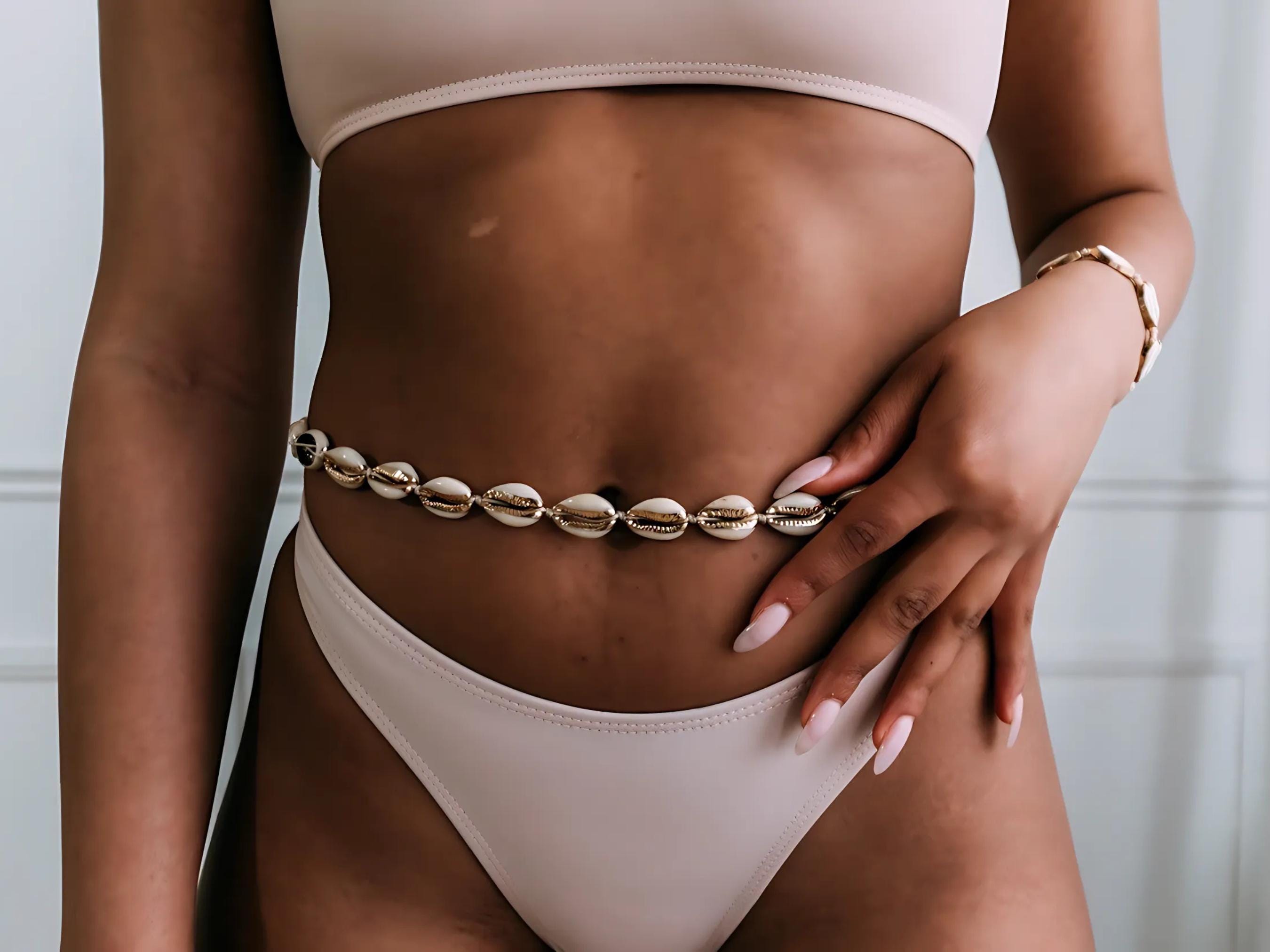 Handcrafted cowrie shell belly chain with natural shells on pull string cord, boho waist chain accessory for beach wear