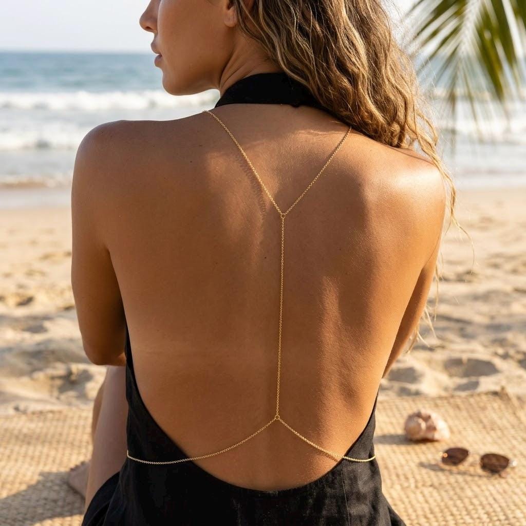 Gold tone stainless steel dainty backdrop back necklace for open-back outfits and beach wear