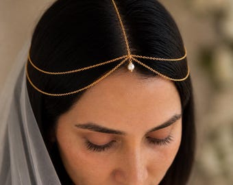 Pearl Head Chain for Wedding Boho Forehead Jewelry for Bridal Hair Vine Gold Hair Jewelry Silver Wedding Hair Accessory for Bridesmaid