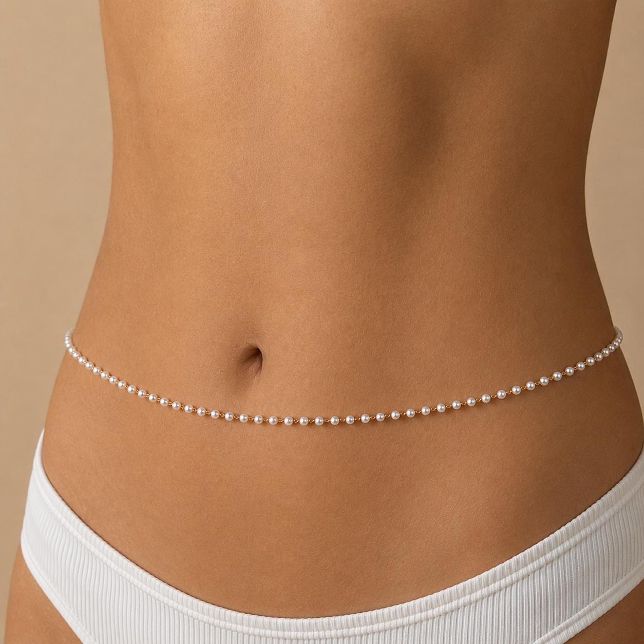 Delicate gold-tone stainless steel pearl waist chain with beaded design for honeymoon lingerie occasions