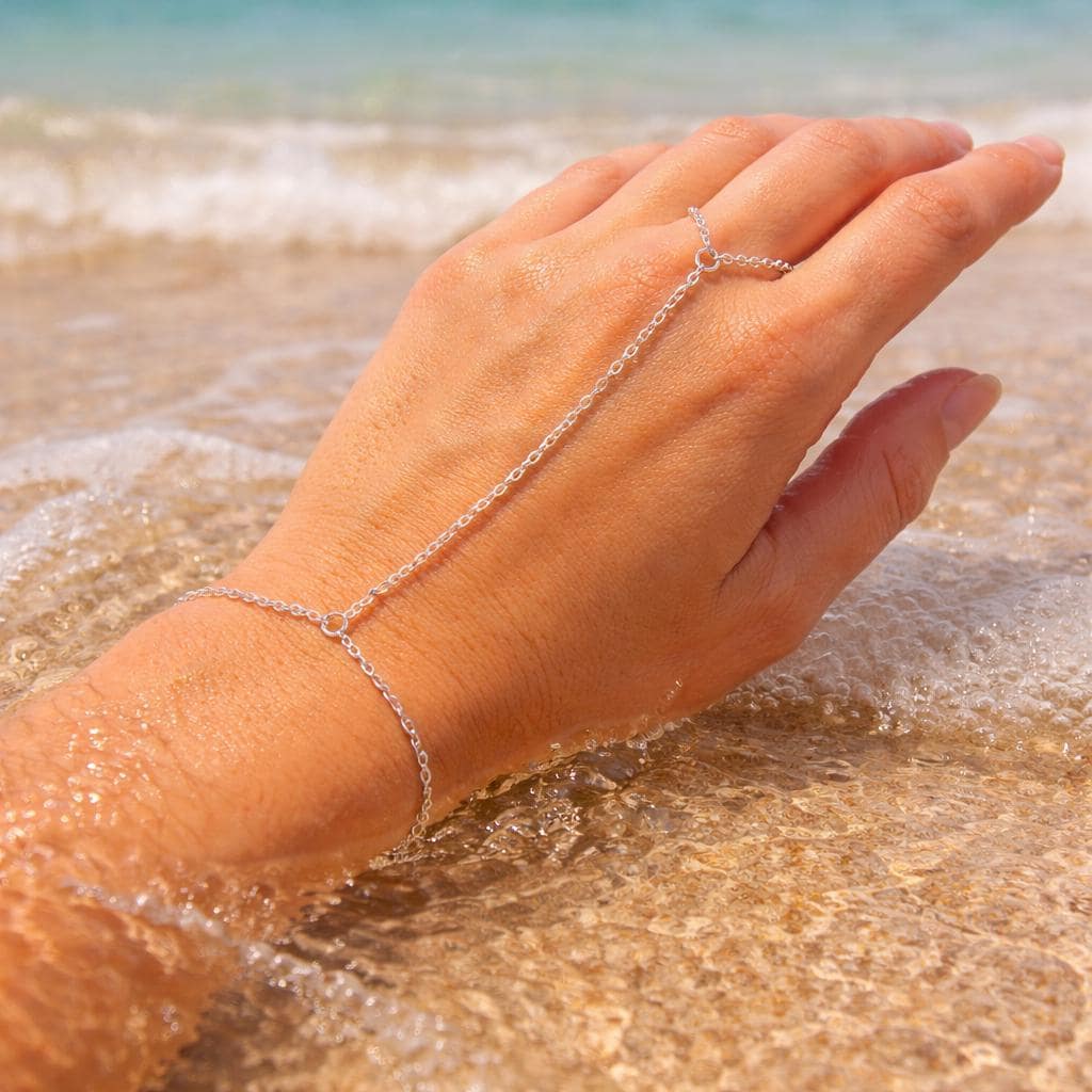 Delicate silver stainless steel hand chain connecting ring to bracelet for bridal hand jewelry