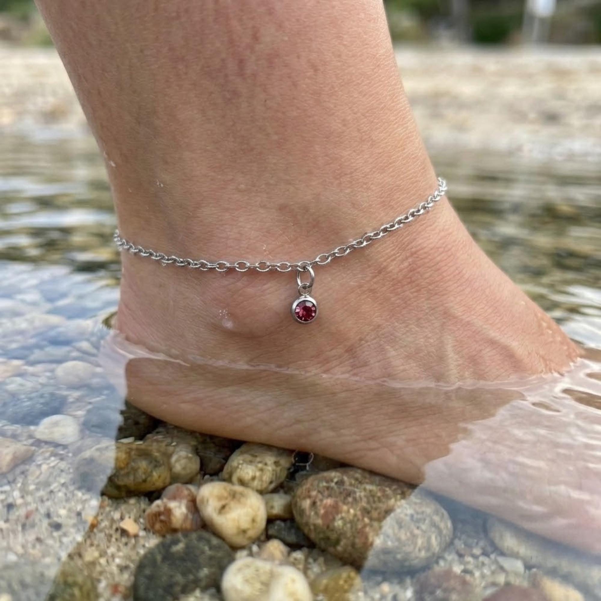 Gold tone stainless steel birthstone anklet with gemstone charm, perfect delicate beach anklet gift