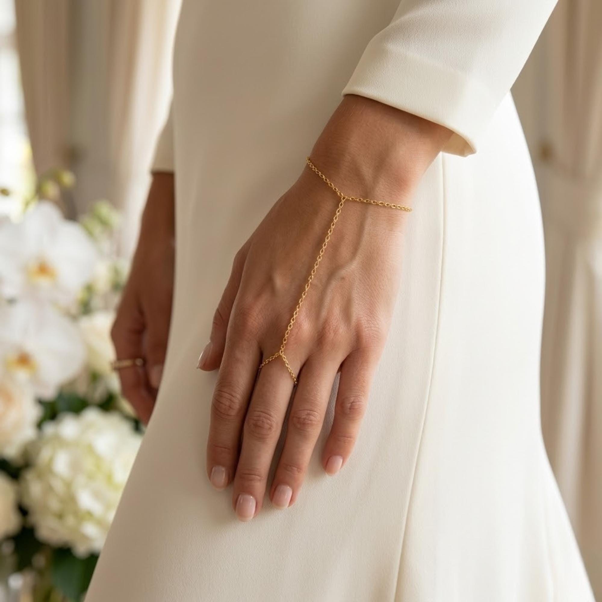 Delicate silver stainless steel hand chain connecting ring to bracelet for bridal hand jewelry