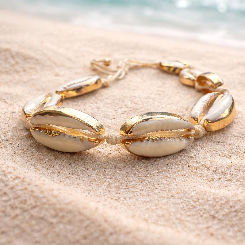 Gold-tone cowrie shell anklet with natural boho beach design, adjustable ankle bracelet for barefoot summer style