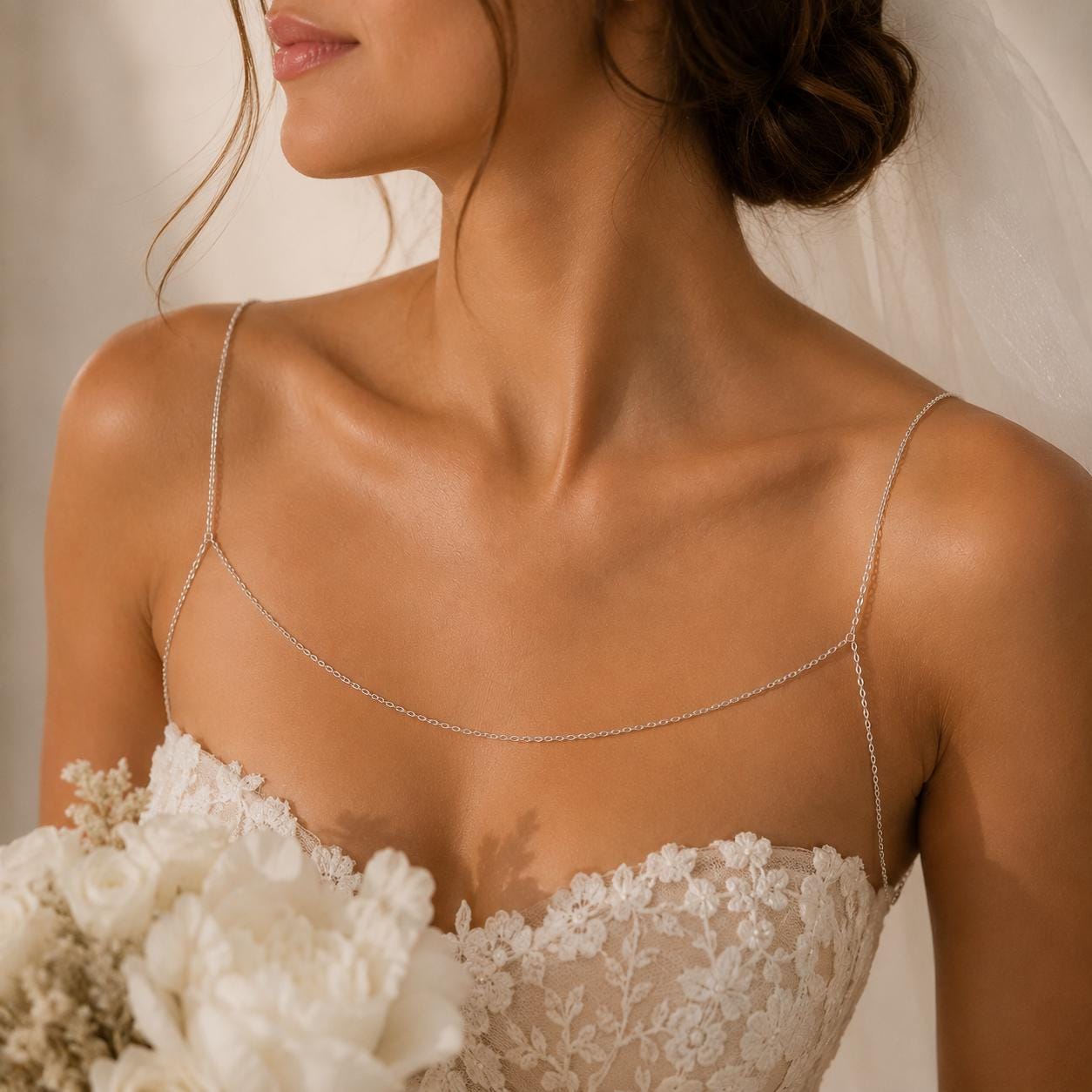 Gold tone stainless steel off-shoulder chain necklace for elegant décolletage jewelry styling