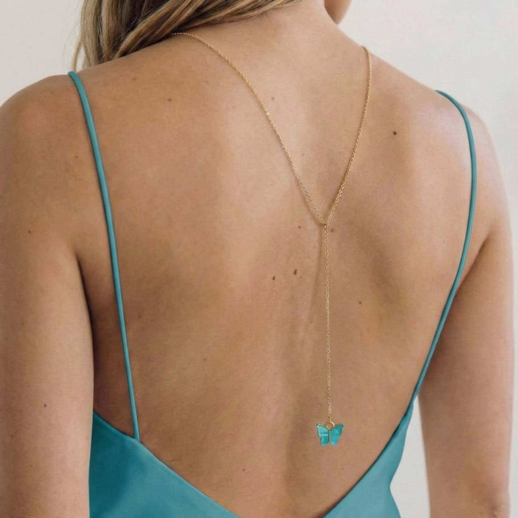 Gold stainless steel butterfly backdrop necklace, delicate back chain jewelry for women