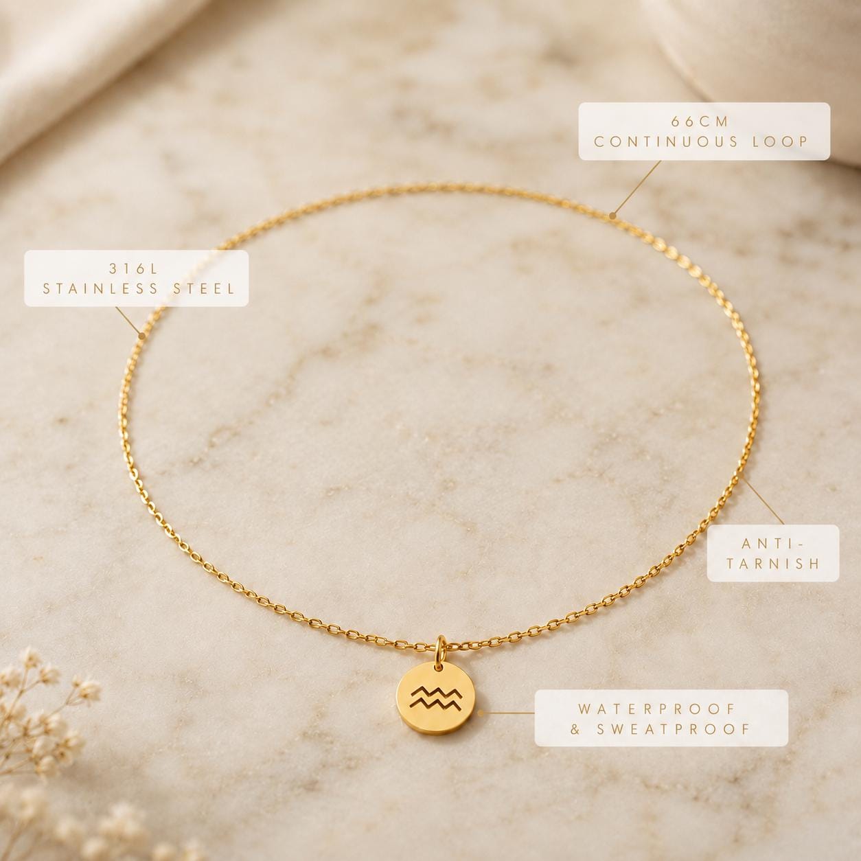 Dainty gold zodiac necklace with personalized star sign charm, stainless steel slip-on chain design