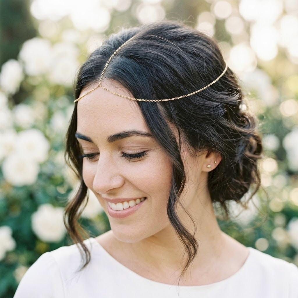 Gold tone stainless steel boho forehead chain headpiece, minimalist festival head chain accessory