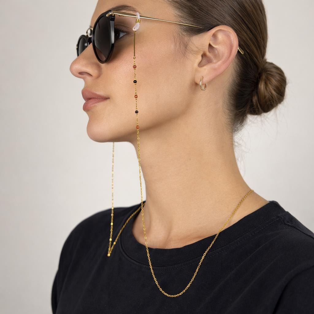 Gold-tone stainless steel beaded eyeglasses chain with mixed boho beads for everyday wear