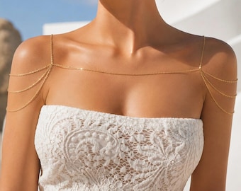 Layered Shoulder Accessory for Dress Classy Body Chain Handmade Chest Jewelry for Bachelorette Adjustable Bridal Necklace Stainless Steel