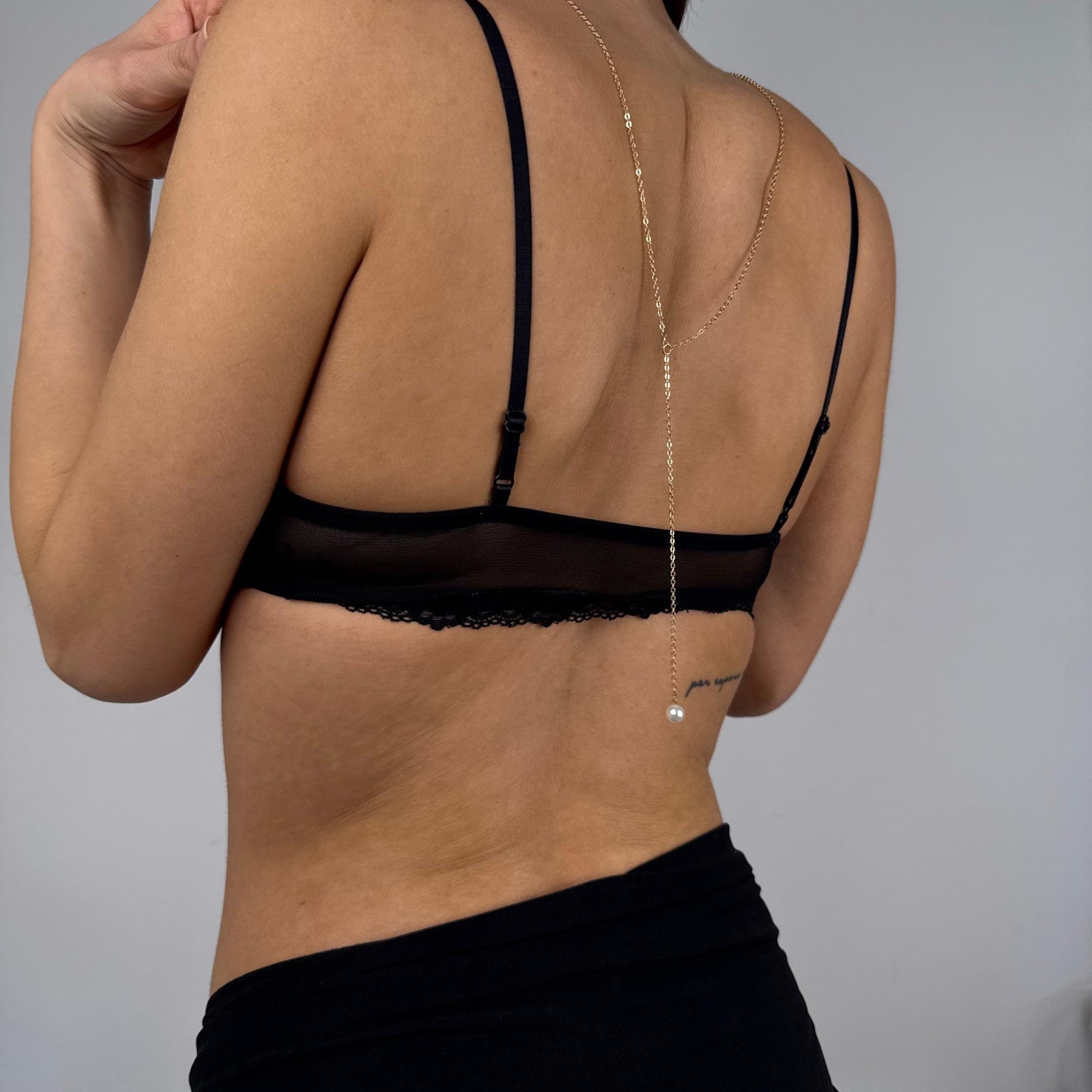 Gold tone stainless steel pearl backdrop necklace, delicate bridal back chain for open-back dresses