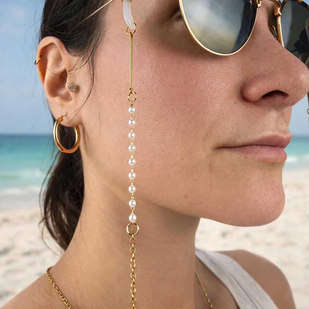 Delicate gold-tone stainless steel pearl glasses chain with elegant pearl accents for eyewear