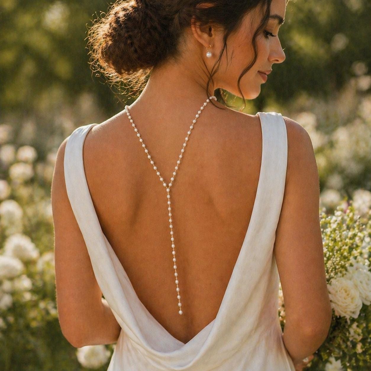 Gold-tone stainless steel pearl lariat back necklace with freshwater pearls for bridal back jewelry