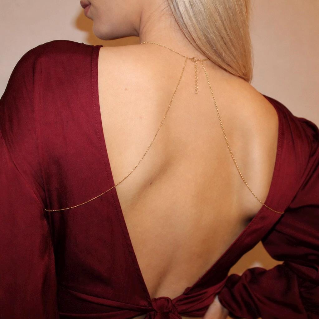 Gold stainless steel shoulder chain and body jewelry for weddings, convertible backdrop necklace design