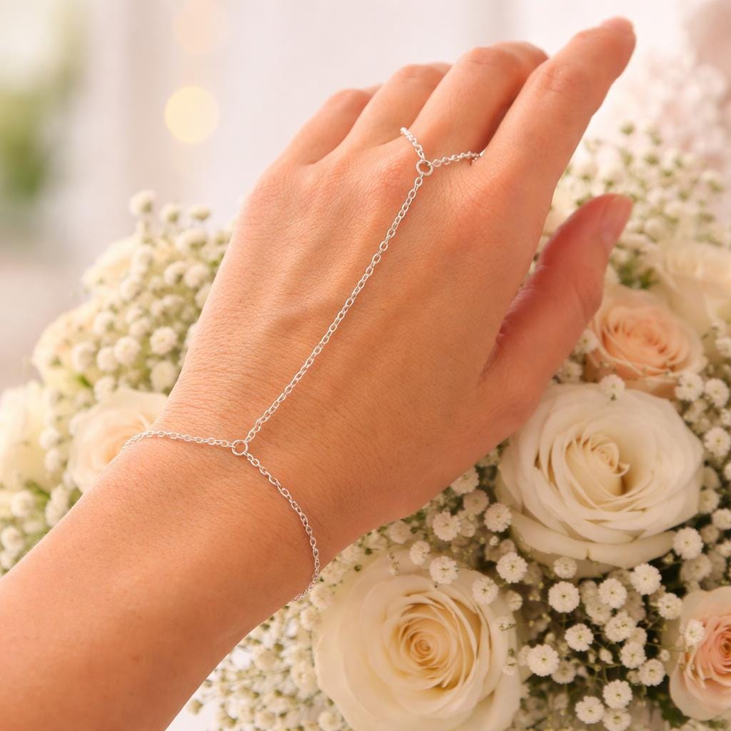 Delicate silver stainless steel hand chain connecting ring to bracelet for bridal hand jewelry